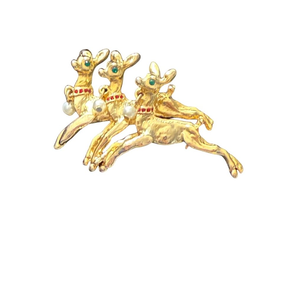 Gold-Tone Reindeer Brooch With Pearl Accents & Rhinestone Details
